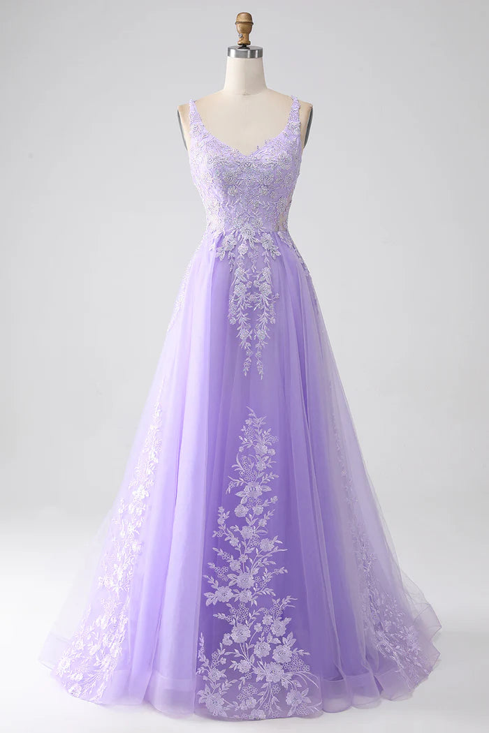 Robe Weitese lilas trapèze à bretelles spaghetti en tulle, robe longue, robe de bal, robe de soirée avec appliques